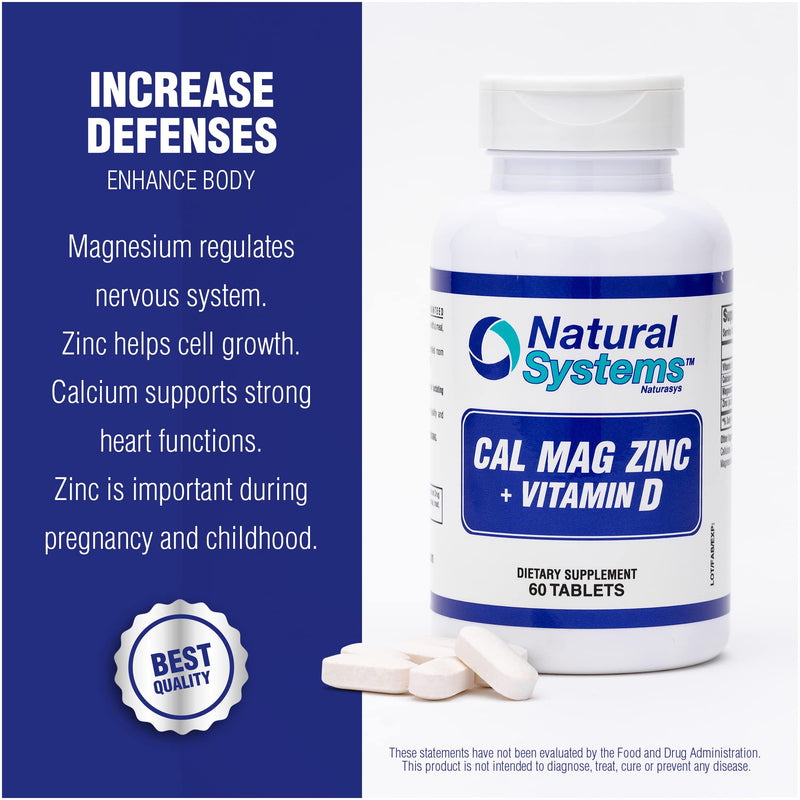 Calcium Magnesium Zinc Vitamin D Supplement 60 Tablets by Natural Systems - Calcium Magnesium Zinc and VIT D Supplements for Strong Immune System - Magnesium Supplement for the Immune System