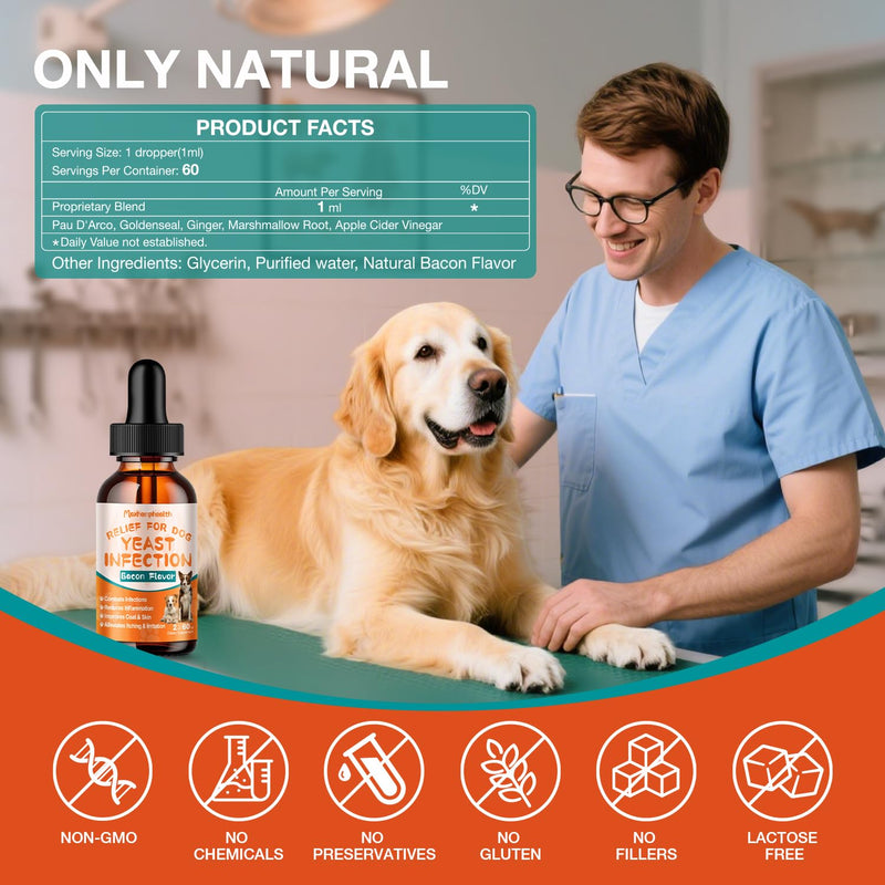 Yeast Infection Treatment for Dogs - Natural Yeast Relief for Dogs - Anti-Yeast Drops for Itchy Ears, Paws & Skin Allergy Relief, Herbal Supplement for Dog, 2 FL OZ Bacon Flavor