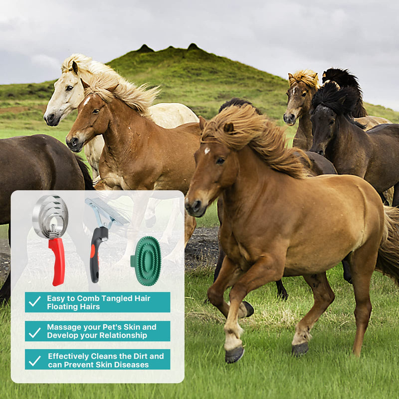 3 Pcs Reversible Stainless Steel Curry Comb 5 Rings, Aemygo Double Sided Horse Grooming Brush, Scotch Type Metal Dog Brush Large Rubber Hair Remover Comb, Soft Touch Grip Scraper for Cow Sheep Dog - BeesActive Australia