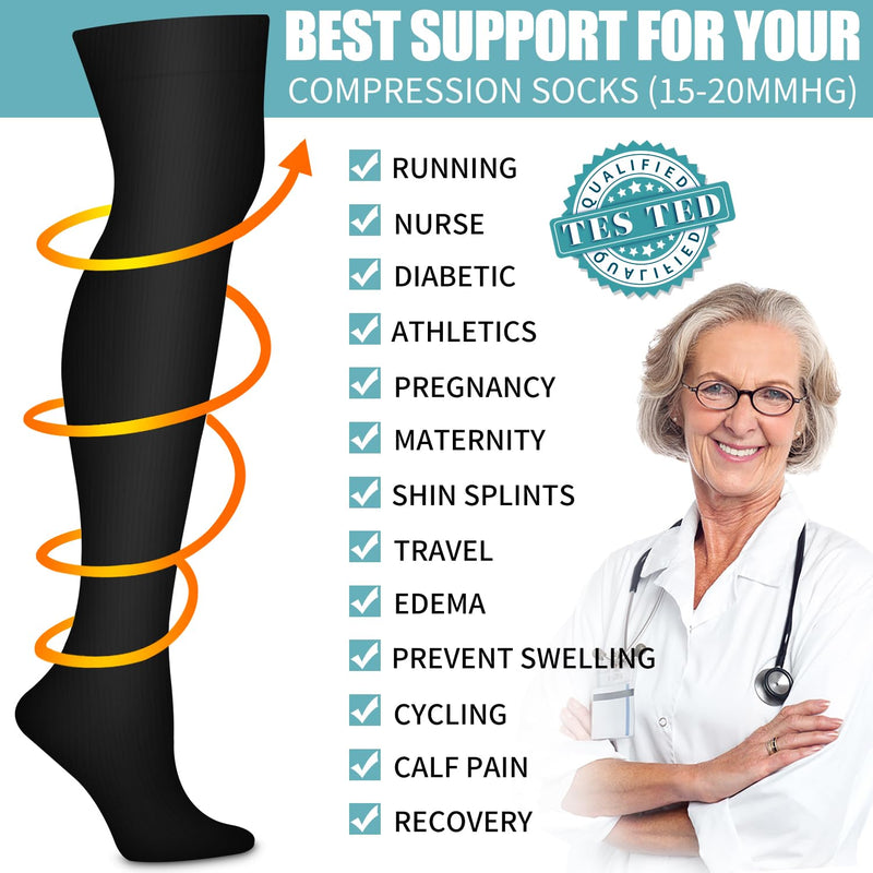 Bluemaple Thigh High Compression Socks for Women and Men Circulation(3 Pairs) Over the Knee-Best Support for Running,Travel Large-X-Large Black