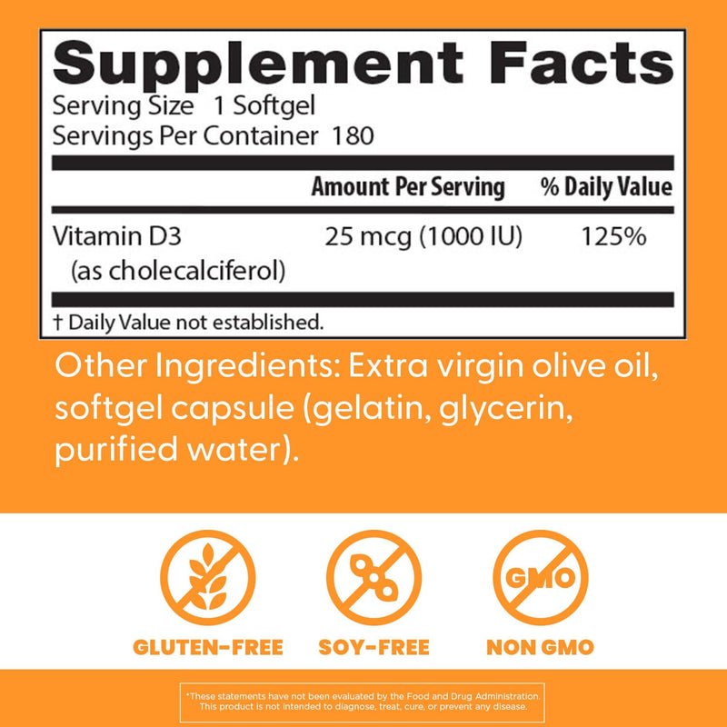 Doctor's Best Vitamin D3 1000 IU Softgels for Men & Women - Vitamin D Supplement for Immune System & Heart Health Support, 25 mcg per Serving, Vit D 3, Non GMO, Gluten & Soy Free - 180 Softgels 180 Count (Pack of 1)