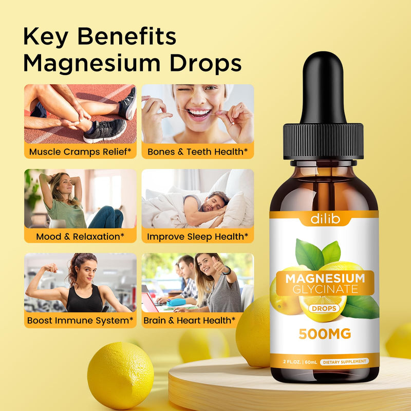 Magnesium Glycinate Supplement, Magnesium Glycinate Liquid Drops 500mg with Calcium, Zinc, Vitamin B6, D3, L-Theanine, Omega 3 for Sleep, Mood, Stress Relief, Bone, Muscle, Lemon Flavor 2 Fl Oz (Pack of 1)