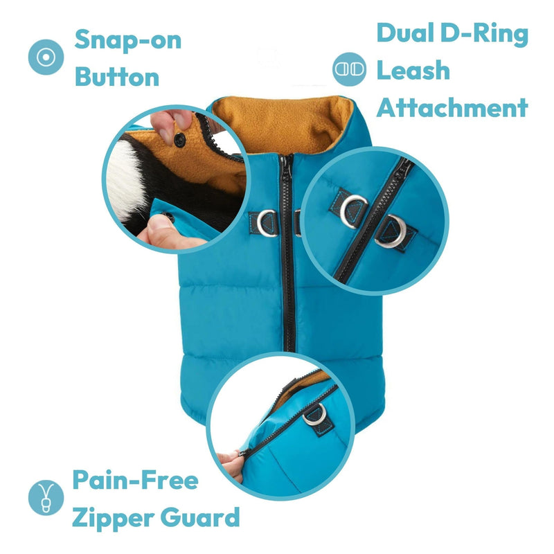 Gooby Padded Vest Dog Jacket - Solid Blue, Medium - Warm Zip Up Dog Vest Fleece Jacket with Dual D Ring Leash - Water Resistant Small Dog Sweater - Dog Clothes for Small Dogs and Medium Dogs Medium Chest (18.25") Blue Solid 1 - BeesActive Australia