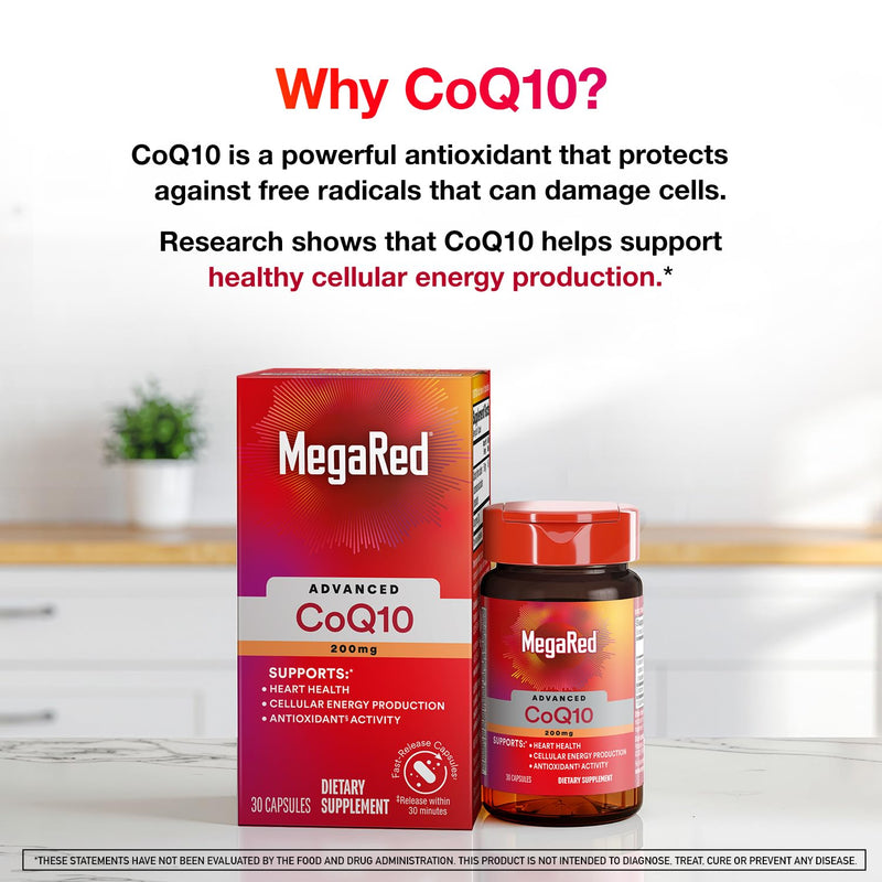 MegaRed Advanced CoQ10 200mg, Heart Health & Cellular Energy, 30ct | Power Antioxidant, Protects Against Free Radicals, No Added Color or Sugar, Fast releasing capsules, Coenzyme Q10, Calcium 30 Count (Pack of 1)