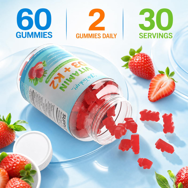 Vitamin D3 K2 Gummies 5000IU Sugar Free Supplement, 120 Count | Vitamin D3 K2 Supplement 5000IU D3 & K2 200mcg, Non-GMO, Strawberry, Supports Bone & Calcium Absorption* for Daily Wellness