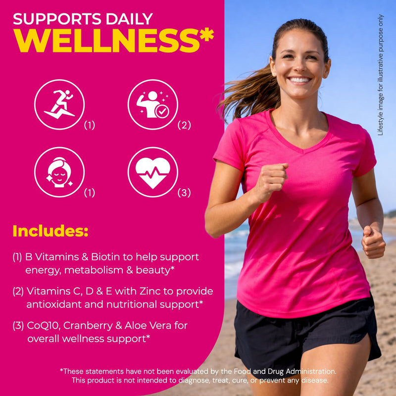 Multivitamin for Women with Iron, Biotin & Zinc, 90 Tablets | 36 essential vitamins with B Complex, CoQ10 & Cranberry to support hair, skin & nails, daily energy and immune function.*
