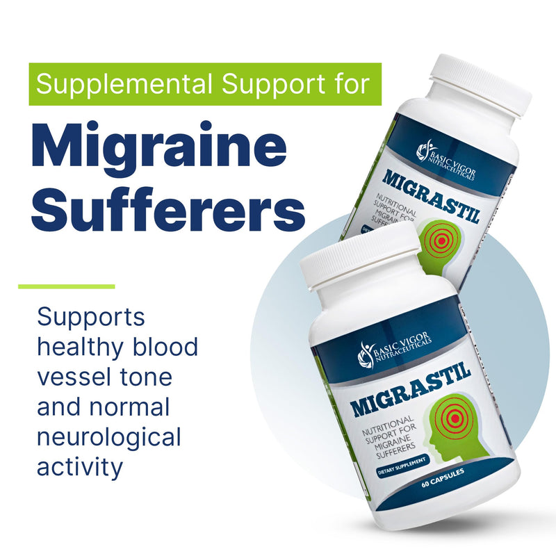 Basic Vigor Migrastil Migraine Support Capsules. Feverfew, Magnesium, Taurine & Vitamin B1 for Migraines Natural Supplement. Made in the USA. Vegan and Gluten Free.