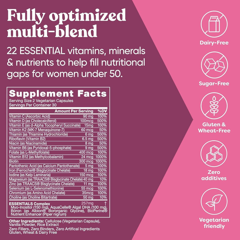 Multivitamin for Women, 22 Vitamins with Iron & DHA, 60 Veg Capsules | Vitamins for Immunity, Beauty, Brain, Energy, Bones and Heart - Vitamin C, D, E, K, Iron, B6 and DHA -