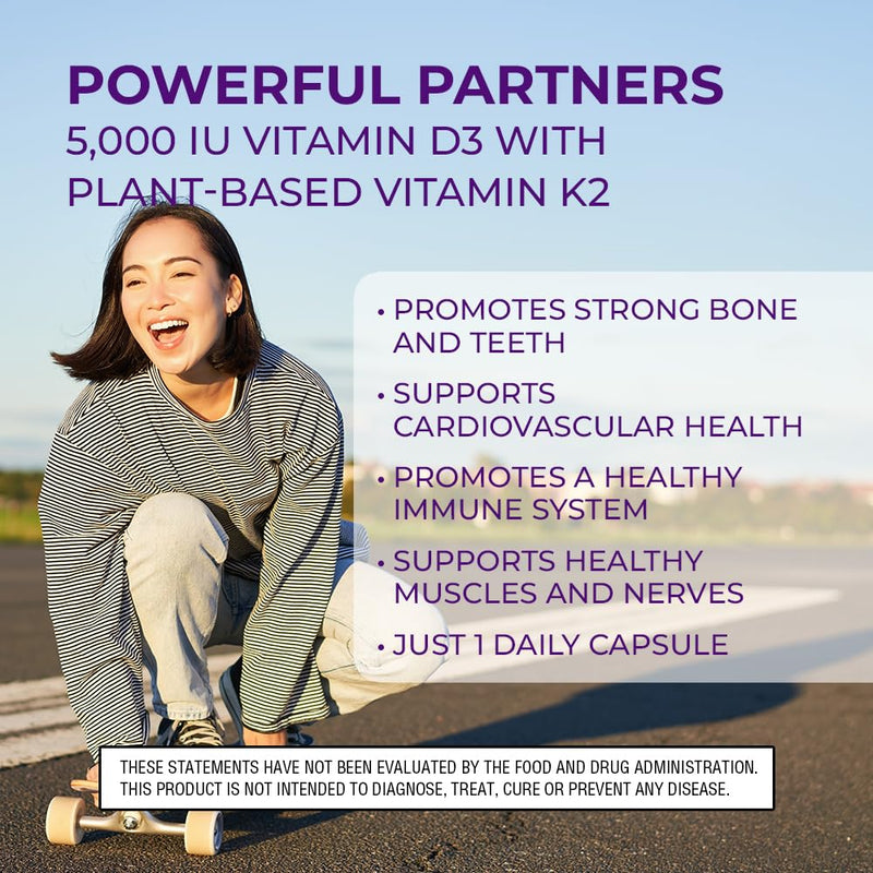 Body Kitchen Vegan Vitamin D3 + K2 MK7 5000 IU Supplement, 60 Caps | Bone and Heart Health, Non-GMO, 5000 IU Vitamin D & 180 mcg Vitamin K2 MK-7, Easy to Swallow Veggie Caps