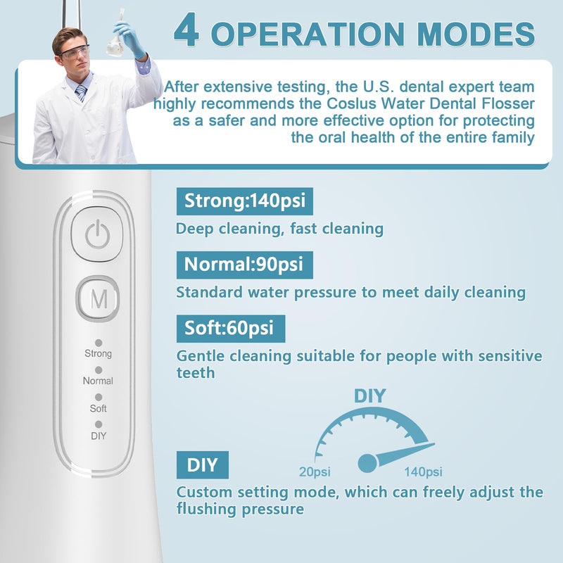 Portable Cordless Water Dental Flosser Teeth Pick 300ML Rechargeable Oral Irrigator with 4 Modes, IPX7 Waterproof,Powerful Flossing for Gum Care, Braces, and Deep Cleaning (White) White