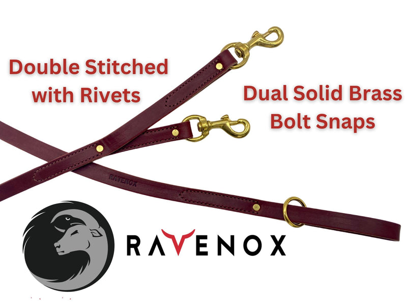 Ravenox Leather Safety Dog Leash | Secure & Versatile Lead with Dual Brass Bolt Snaps | Perfect for Prong & Martingale Collars, Harnesses | Burgundy 3/4-inch x 6 FT - BeesActive Australia