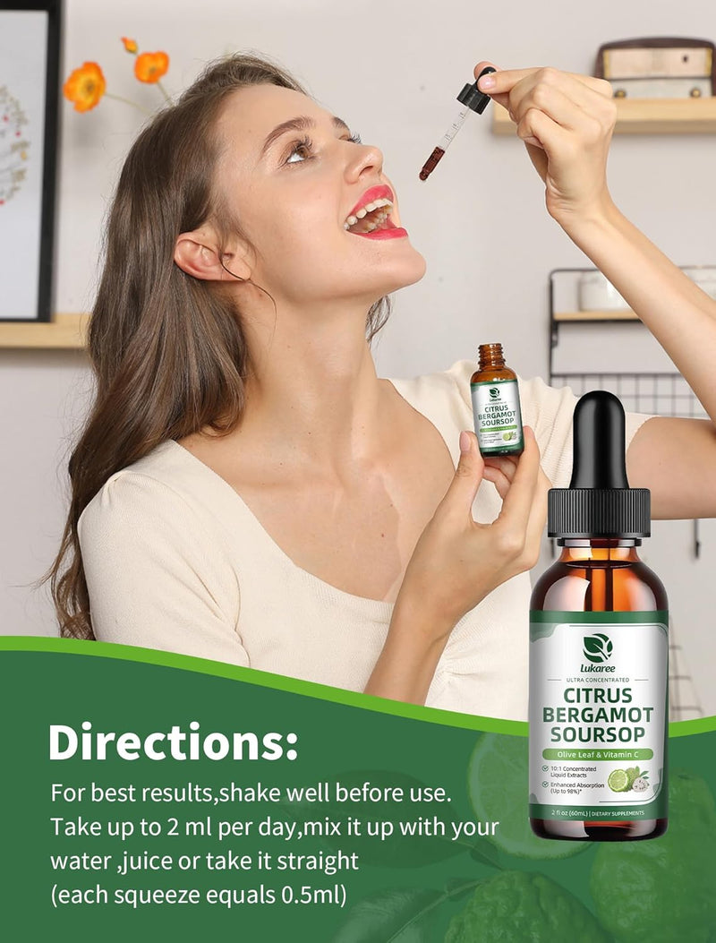 Citrus Bergamot Liquid Drops - Natural Supplement with Soursop, Red Yeast Rice, Garlic, Olive Leaf, Black Pepper - High Absorption - Support Overall Wellness* - Soursop Bitters Liquid, 2 Fl Oz - BeesActive Australia