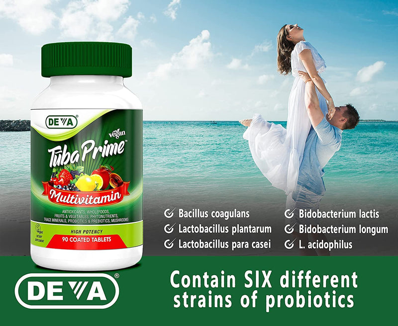 DEVA Tuba Prime Vegan Multivitamin Iron-Free High-Potency Vitamin & Mineral Dietary Supplement Antioxidants, Fruit & Veg Blend, Super Mushrooms, Probiotics, Prebiotics, Seeds, Herbs 90 Tabs 2-Pack (Pack of 2)