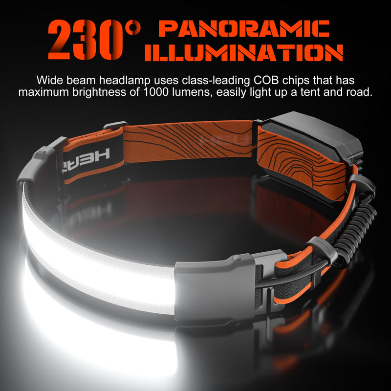 2 Packs Rechargeable Headlamp, 230°Wide-Angle 1000 Lumens Headlamp Flashlight with Red Taillight 3 Light Modes Lightweight LED Head Lamp Adjustable Waterproof Head Light for Running Cycling Orange(2-Pack) - BeesActive Australia