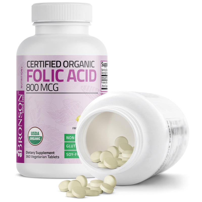 Bronson Folic Acid 800 mcg, USDA Certified Organic, 360 Tablets | From Whole Lemon Peel Extract, Prenatal Development Support, Vegetarian, Non-GMO, Gluten-Free & Soy-Free Unflavored 360 Count (Pack of 1)