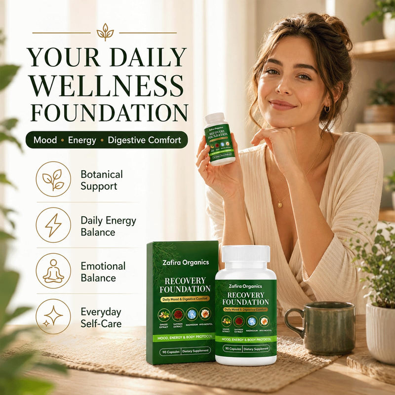 Zafira Organics,Zafira Recovery Foundation,90 Capsules (1pcs) | with Saffron Extract,Ginger Extract L-Theanine Myo-Inositol,Daily Energy & Focus,Digestive Comfort 1pcs