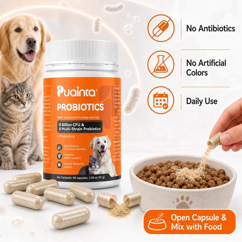 PUAINTA Probiotics for Dogs & Cats – 8-Strain Probiotic with Prebiotics for Digestive & Gut Health, Immune & Stool Support, Helps Dogs Eating Dirt, Grass & Non-Food Items (90 Count) 90 Count