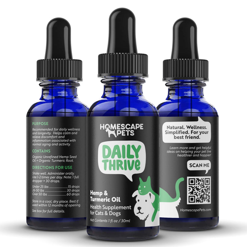 Homescape Pets - Daily Thrive - Hemp & Turmeric Oil for Cats & Dogs - Anti-Inflammatory, Calms Aches & Pain - Enhances Energy, Supports Immune System - with Organic Curcumin