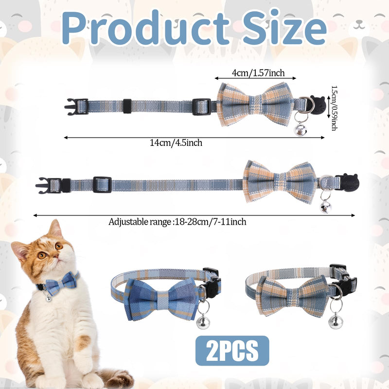 2PCS Blue and White Plaid Cat Collar with Bells, Cat Collar Breakaway Bowtie with Bells, Removable Bow Tie Collar, Adjustbale Kitten Puppy Solid Plaid Color Set, Cute Plaid Kitten Collar Bowtie - BeesActive Australia
