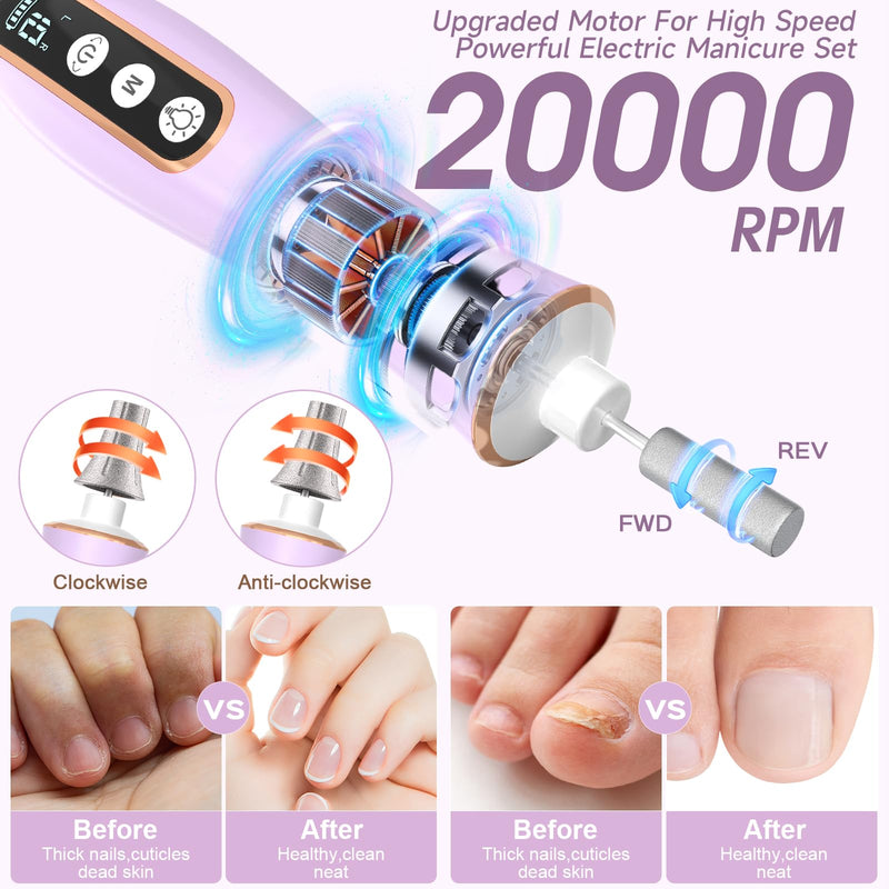 Professional Manicure Pedicure Kit with 360° LED Light&10 Speeds&Memory Mode, Cordless Electric Nail Drill, Pedicure Tools for feet,Hand Foot Care Nail File for Thick Nail Toenail Cuticle, with Case - BeesActive Australia