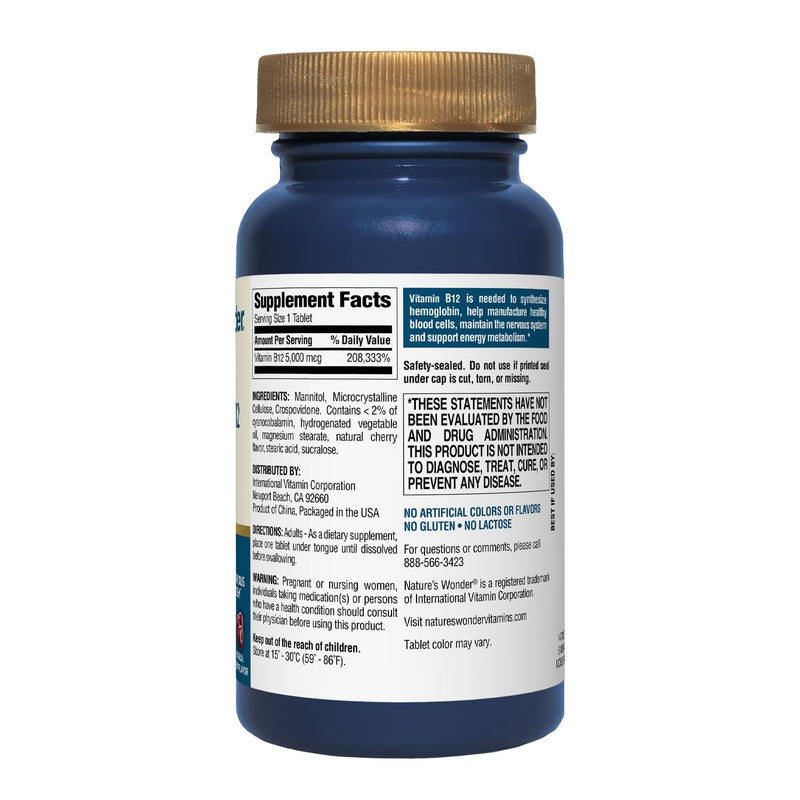 Nature's Wonder Vitamin B12 5000 mcg Quick Dissolve Tablets, High Potency B12 Supplement for Energy Metabolism, Nervous System & Red Blood Cell Support, 120 Tablets, 120 Day Supply