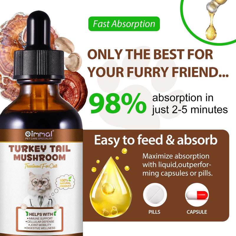 Turkey Tail Mushroom for Cats - Critical Immune Defense Cats, Turkey Tail Mushroom Liquid Extract for Immune & Digestive Drops for Pet, with 5X Mushrooms, Turmeric & Probiotic 2 oz for cat
