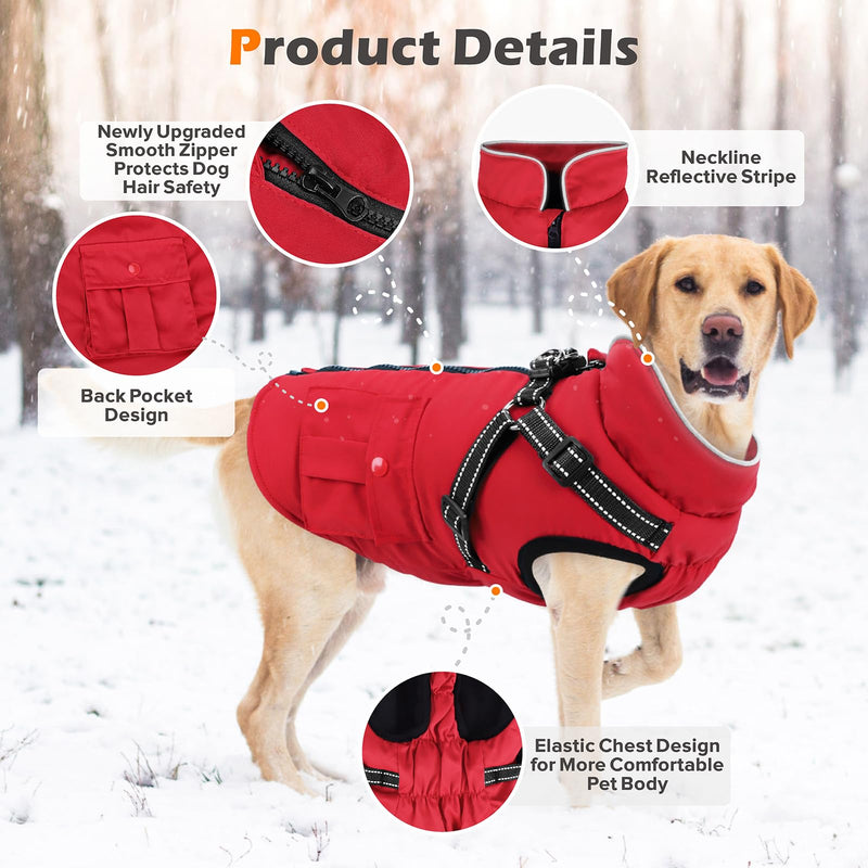 Dog Winter Coat with Harness | Dog Jacket Waterproof with Zipper and Fleece | Warm Dog Coat with Reflective for Small Medium Dogs（Red） Red - BeesActive Australia
