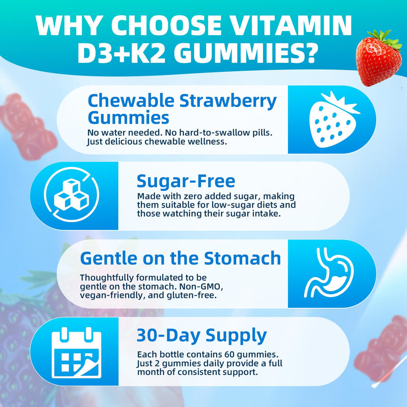 Vitamin D3 K2 Gummies 5000IU Sugar Free Supplement, 120 Count | Vitamin D3 K2 Supplement 5000IU D3 & K2 200mcg, Non-GMO, Strawberry, Supports Bone & Calcium Absorption* for Daily Wellness