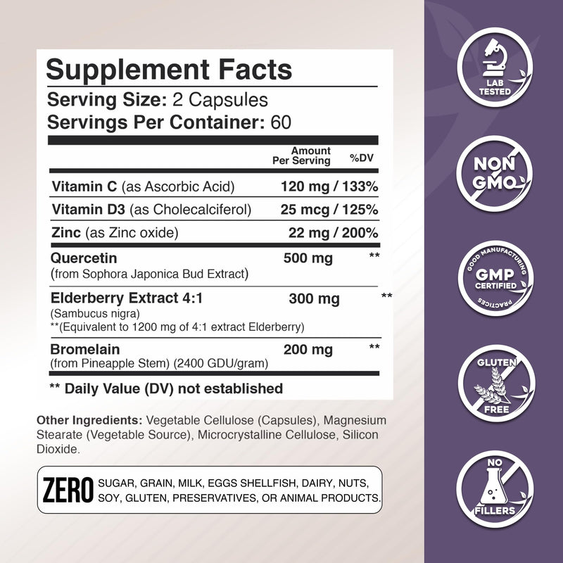 Gade Nutrition Quercetin with Bromelain Elderberry Vitamin C and Zinc | Sambucus Immune Support Supplement 500mg Capsules | Gluten-Free | Made in USA | 2 Month Supply Third Party Tested 120 Count (Pack of 1)