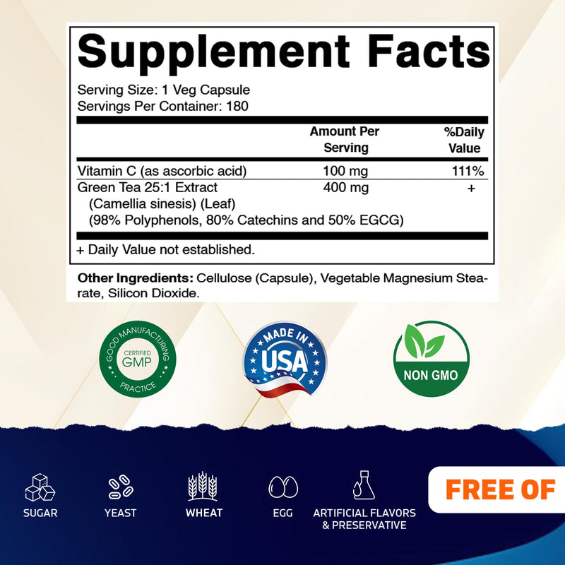 Vitamatic Green Tea Extract with Vitamin C, 25X Concentrate, 98% Polyphenols, 80% Catechins, 50% EGCG, 180 Veg Capsules