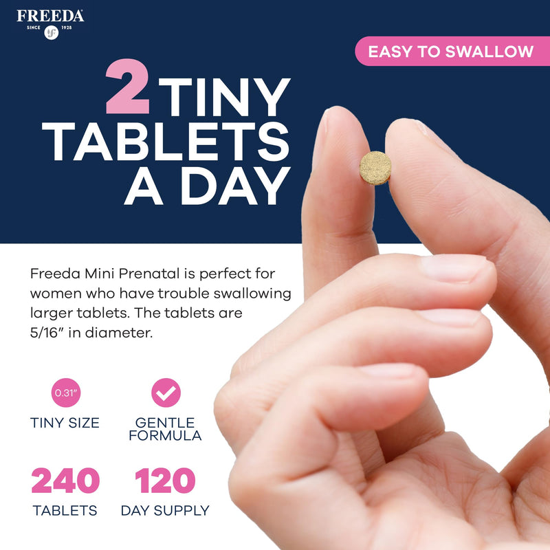 FREEDA Mini Prenatal Vitamins for Pregnant Women – 240 Tiny Tablets | Supports Mother & Baby Nutrition – Includes Methylfolate, Calcium, & Essential Nutrients – Vegan, Kosher, Easy-to-Swallow 250 Count (Pack of 1)