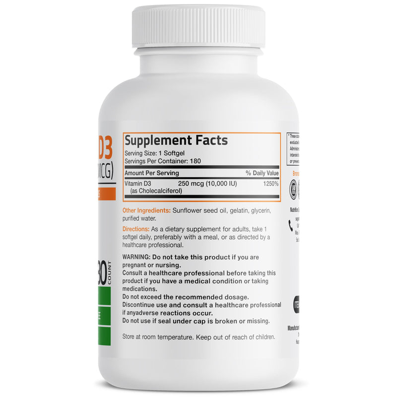 Bronson Vitamin D3 10,000 IU (250 mcg) Immune Support, 180 Softgels | Bone, Muscle, Teeth & Nervous System Support, Once-Daily, Non-GMO, Gluten-Free & Soy-Free 180 Count (Pack of 1)