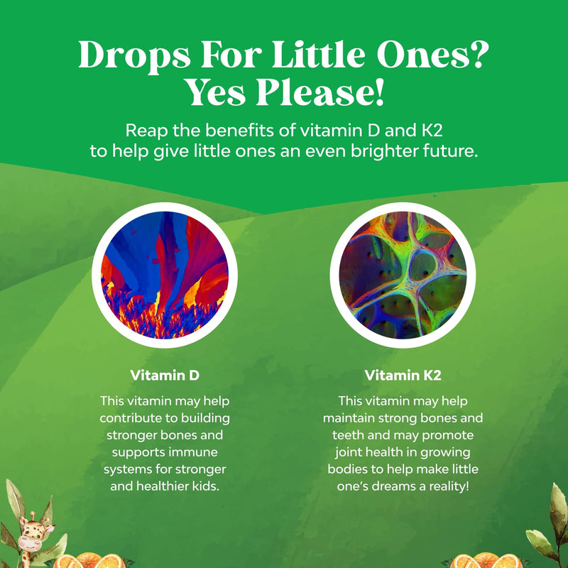 Vitamin D3 K2 Drops - Healthy Bone & Immune Support - Non GMO, Vegan -2FlOz | Vitamin D3 K2 1000iu Per Serving - Healthy Growth and Muscle Support - Infants, Babies and Toddlers - 120 Servings -Pack of 1 Kids 2 Fl Oz (Pack of 1)