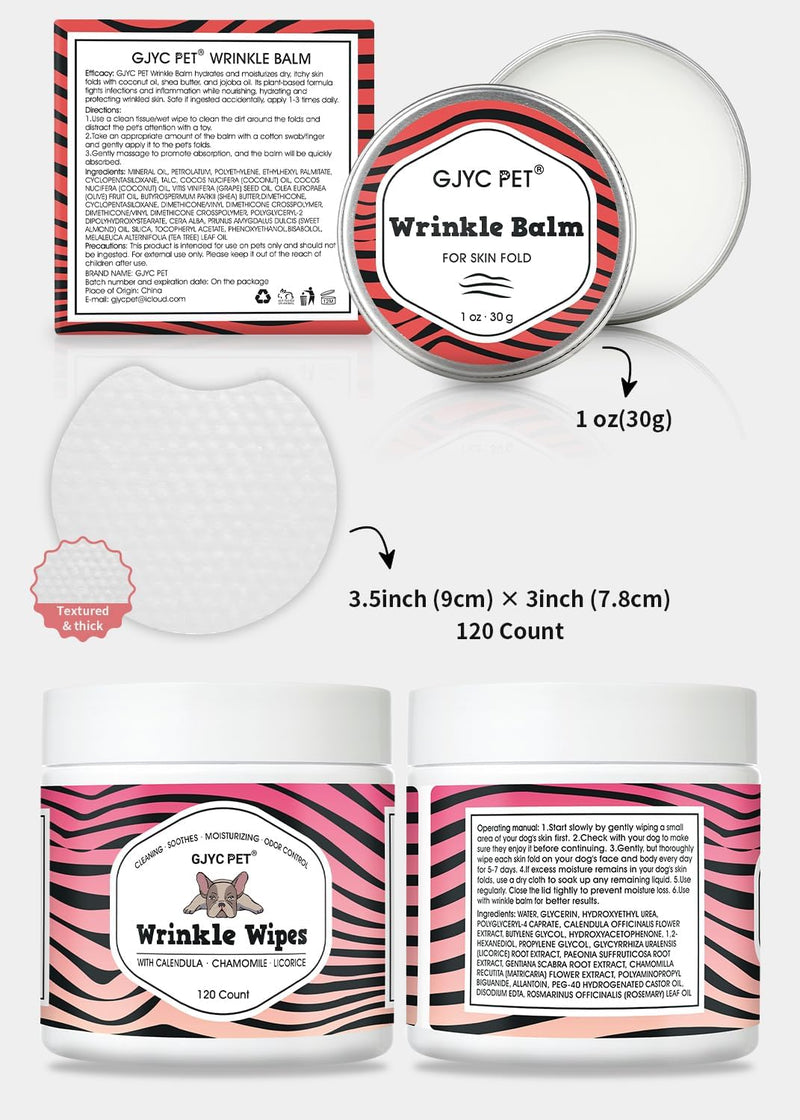 Wrinkle Wipes + Wrinkle Balm for Dogs | Bulldog, French Bulldog, Pug, English Bulldog | Cleans & Soothes Wrinkles, Folds, Tear Stain, Tail Pockets & Paws wrinkle set(wipe+balm)