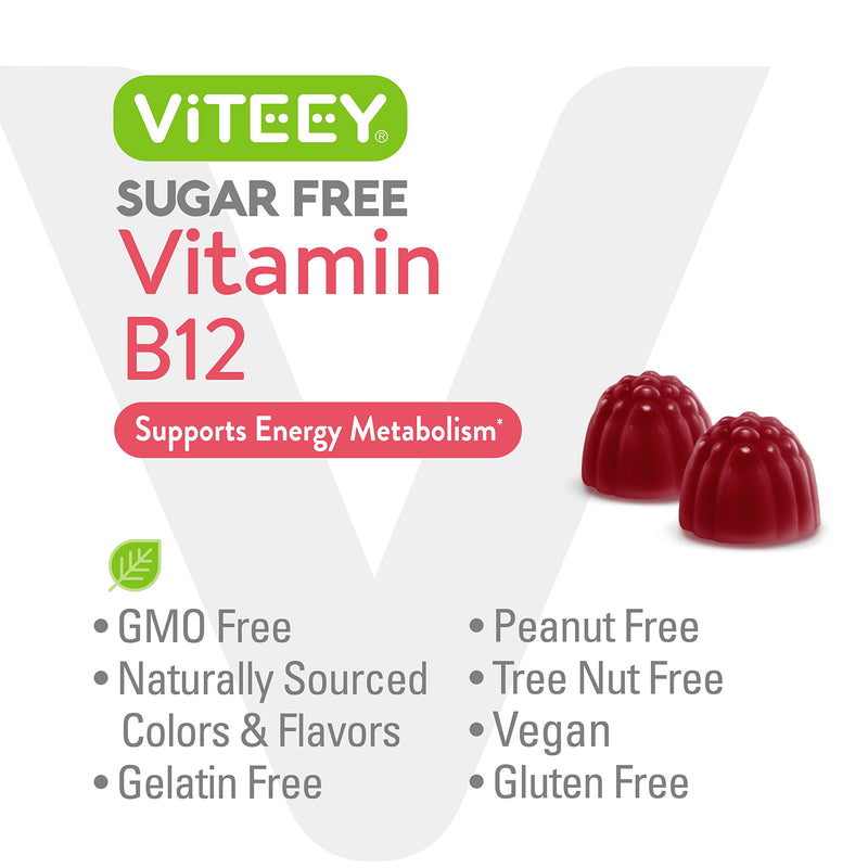Viteey Vitamin B12 Gummies for Adults & Teens 1000mcg, Sugar Free | Good for Energy, Metabolism, Natural Energy Support -Vegan, Gelatin Free, Gluten Free, GMO Free -Chewable Strawberry Flavored 60 Count (Pack of 2)