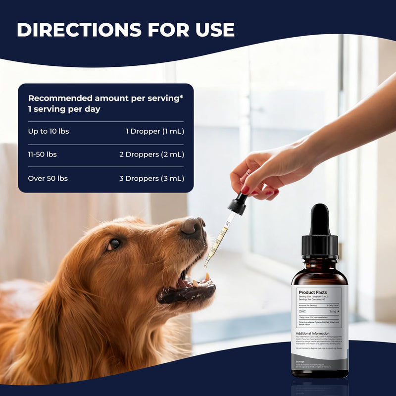 Zinc Drops for Dogs – Daily Mineral Support for Immune Balance & Skin Health, Liquid Zinc Supplement, Easy to Mix, Bacon Flavor, 2 fl oz (60 mL)