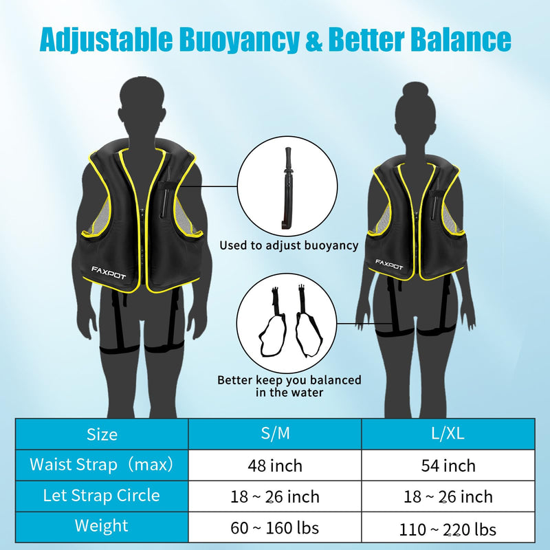 Inflatable Snorkel Vest Adult, Snorkeling Vest for Men & Women, Portable Inflatable Swim Vest Jacket, for Snorkeling/Kayaking/Swimming/Boating Black Large-X-Large