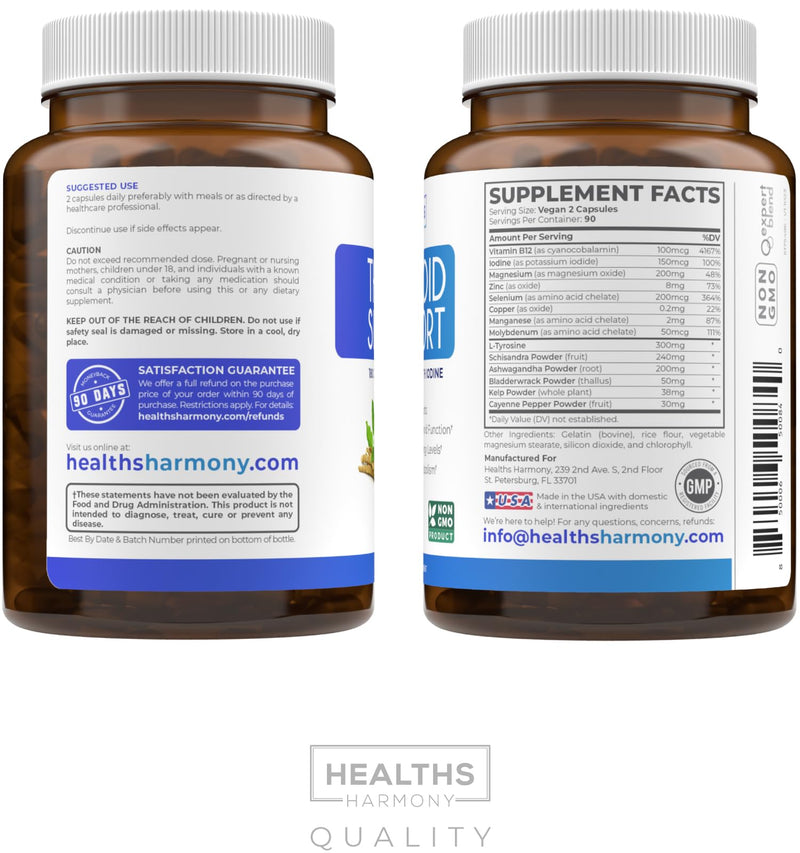 Healths Harmony Herbal Thyroid Support Complex with Iodine (3 Month Supply) | Thyroid Health Capsules with Vitamins Minerals & Herbs with Ashwagandha Selenium & More to Balance Energy - Vegan & Non-GMO 180 Count (Pack of 1)