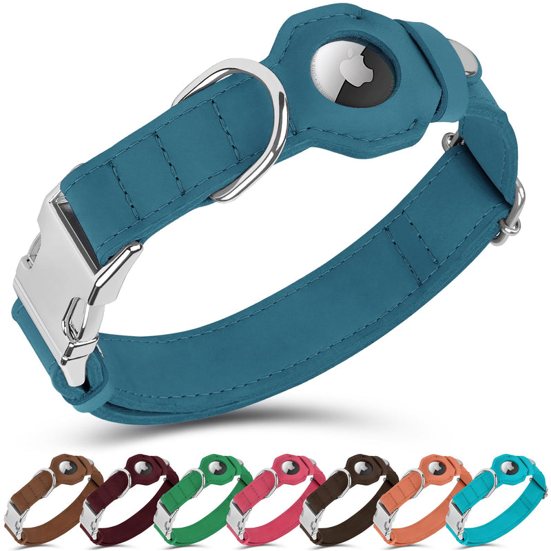 Leather Dog Collar with Airtag Holder - Soft Adjustable Airtag Dog Collar with Metal Buckle - GPS Tracking Pet Collar for Small Large Dogs Puppies Cats (Dark Blue, L, 17"-21" Neck Fit) Dark Blue - BeesActive Australia