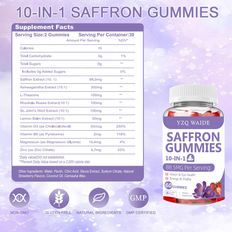 Saffron Gummies 88.5 mg for Kids & Adults with Magnesium 10-in-1 Saffron Supplements Vitamin D3, B6, Magnesium, Zinc, L-Theanine for Emotions Vision Sugar Free, Strawberry Flavor, 60 Count