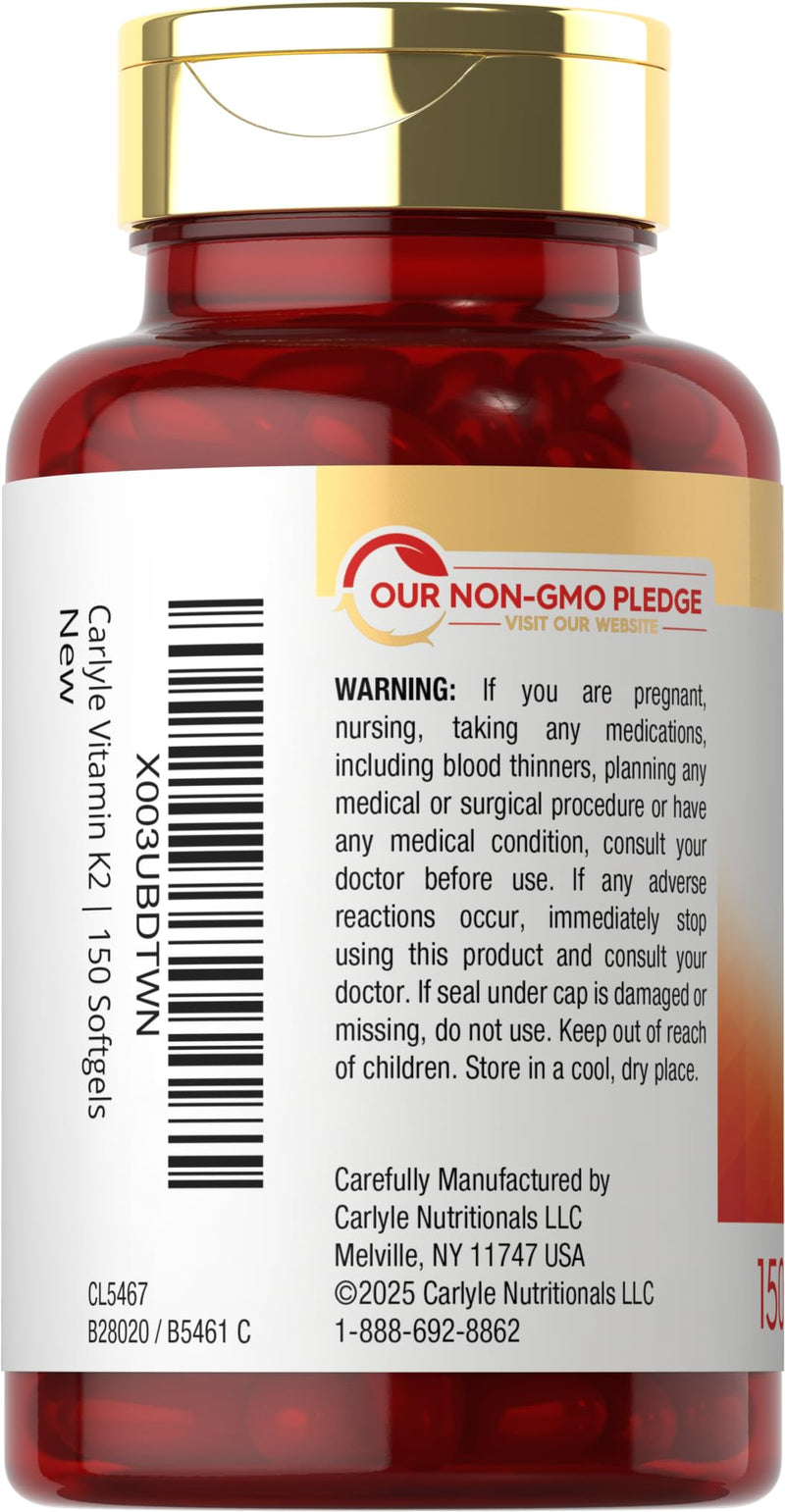 Carlyle Vitamin K2 MK7 100 mcg | 150 Softgels | Bioactive Trans-Form MK7 | Non-GMO & Gluten Free Supplement