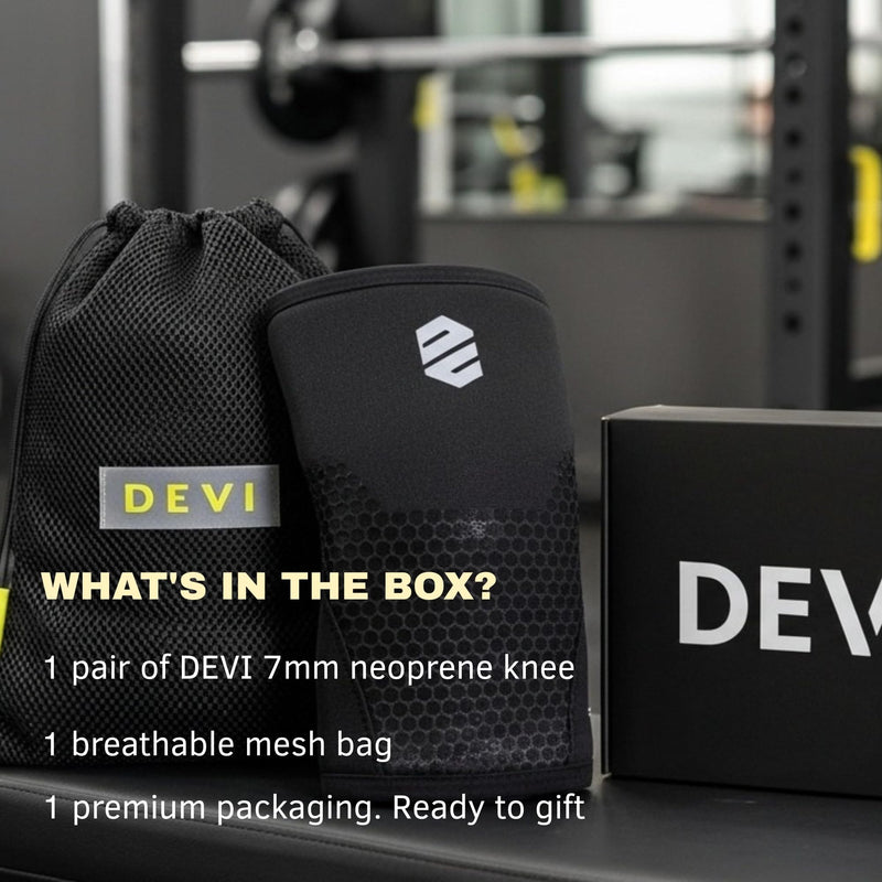 Knee Sleeves 7mm for Weightlifting, Squats, Fitness, Powerlifting, with Advanced 2025 Anti-Slip Design, Premium Neoprene, Constant Compression Brace, Gym Training Support - 1 PAIR - Men Women – DEVI Black Large