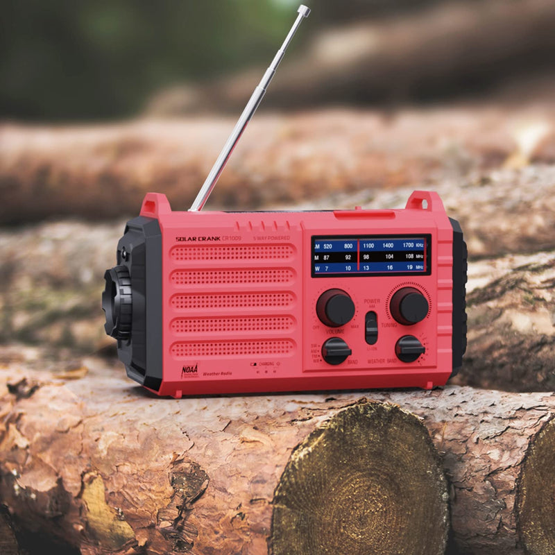 Weather Radio NOAA Alert with Battery Backup 18500mWh, Portable AM FM Shortwave Radio Solar Hand Crank, Flashlight Cellphone Charger, SOS Alarm, Compass, Headphone Jack for Home Outdoor Emergency Red