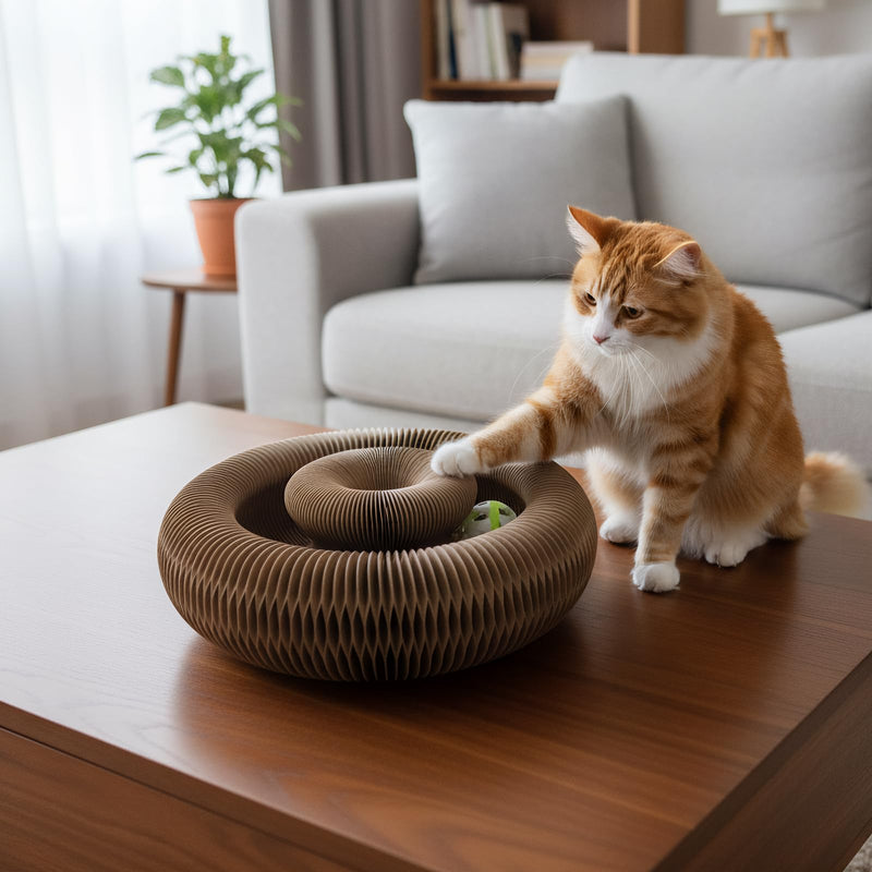 Corrugated Paper Cat Scratcher Track with Rolling Ball - Scratch-Resistant, Interactive, Pet-Safe for Feline Play & Claw Care Animal Print - BeesActive Australia