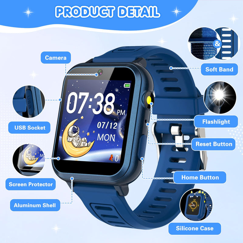 MOFGDNI Smart Watch for Kids with 39 Games Touchscreen Camera Video, Music Player, Pedometer, Calculator, Calendar, Stopwatch, Flashlight, Alarm Clock 12/24 hr, Birthday Gifts Toys for Boys Ages 3-12 Blue