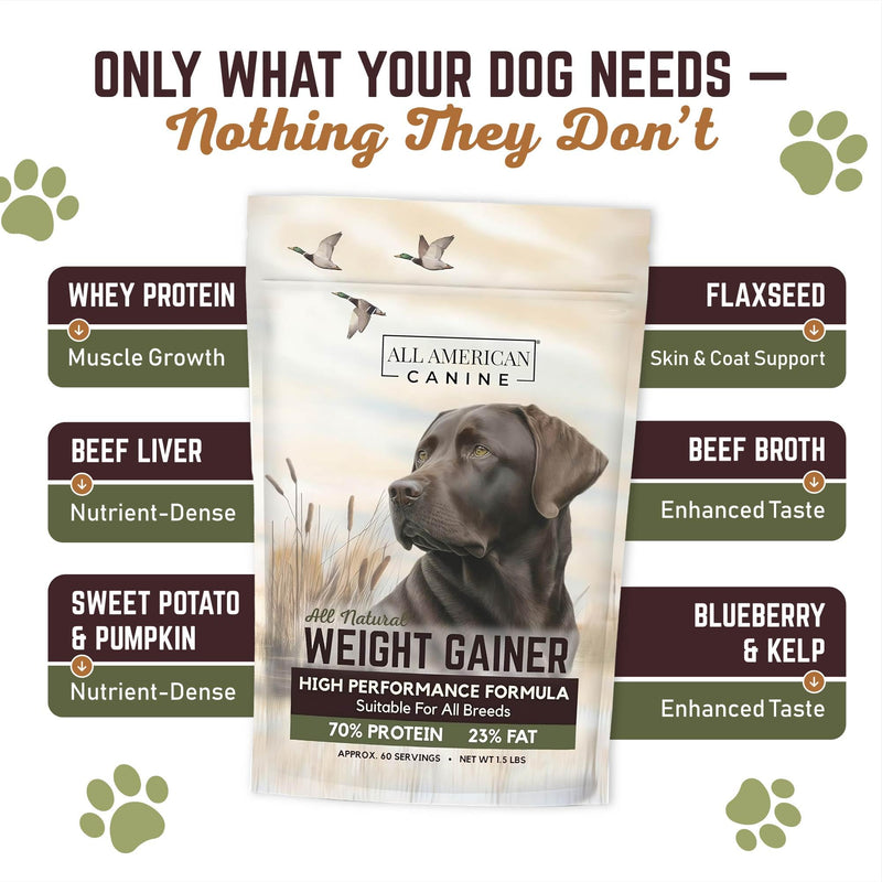 All American Canine Dog Weight Gainer Powder and Chews - High Calorie Food Supplement, Premium Quality Weight Gainer, Mass, Recovery, Appetite Stimulant