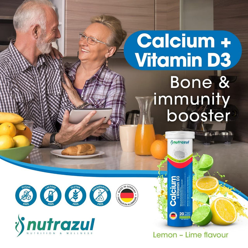 Nutrazul Calcium + Vitamin D3 Effervescent Tablets, for Bone Health Maintenance, 500 mg Calcium and 2.5 mcg Vitamin D3, Suitable Supplements for Women & Men, Lemon-Lime Flavor, 60 Tablets 20 Count (Pack of 3)