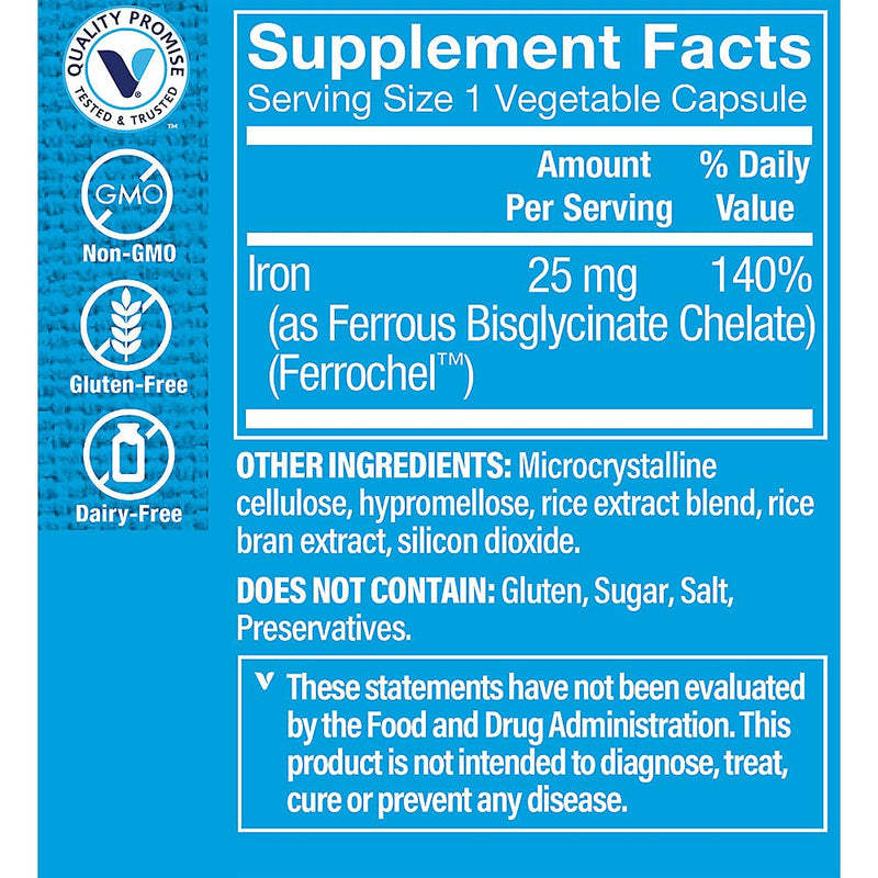 The Vitamin Shoppe Comfort Iron 25 MG, Iron Bisglycinate, 90 Capsules | 25 MG Iron as Gentle Ferrous Bisglycinate to Support Red Blood Cell Production, Energy, and Oxygen Transport 1 Count (Pack of 1)