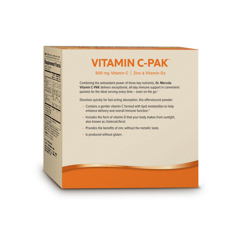 Dr. Mercola Vitamin C-PAK, Orange Flavor, 30 Packets (30 Servings) | Daily Immune Support, Contains Vitamin C, Vitamin D3, and Zinc, Fast-Acting Antioxidant Powder, Fizzy Drink Mix