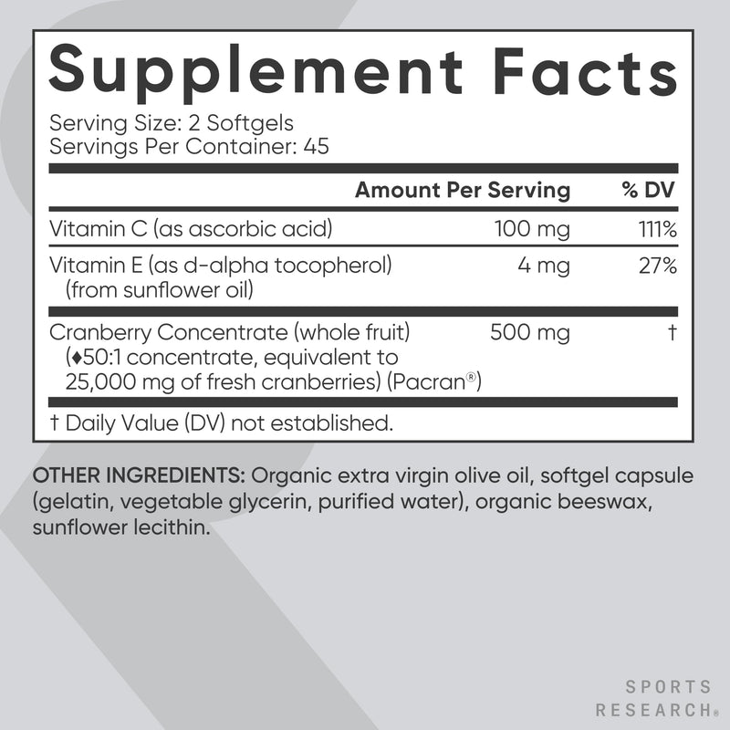 Sports Research® Cranberry Fruit Complex 500mg, 90 Softgels | Supports Urinary Tract Health* · Made with Pacran®­ & Vitamins C & E | Non-GMO, Gluten Free - 45 Servings